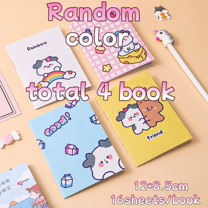 Kawaii Cartoon Mini-Notizbücher im Set von 4 in zufälligen Farben, ideal für Notizen und kreative Ideen.