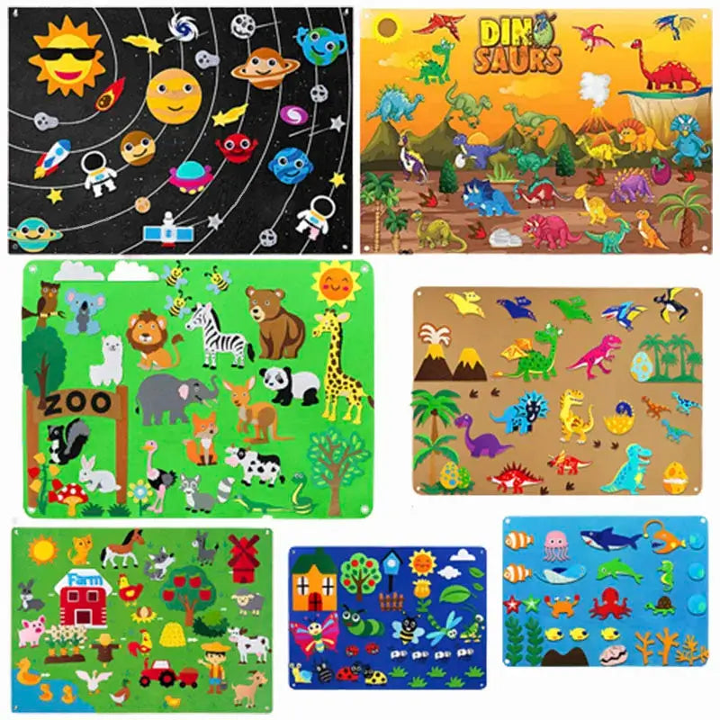 Colorful space-themed felt board with planets, astronauts, and rockets, ideal for educational play and learning about space.