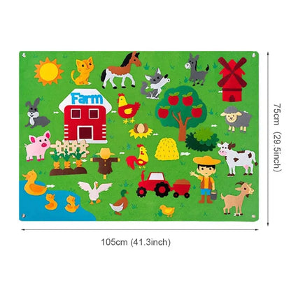 Colorful felt farm-themed Montessori puzzle with animals, barn, trees, and farmer, ideal for children&