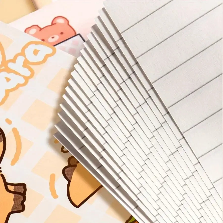 Stack of white mini notepads with lined pages, perfect for notes and lists, on colorful cartoon-themed stationery background