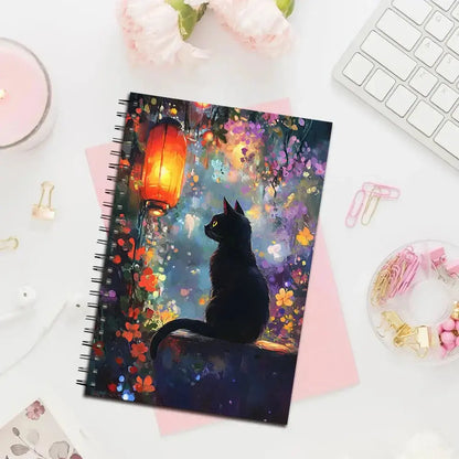 Magisches Katzen-Notizbuch mit geheimnisvoller Katze unter einer Laterne, ideal für Notizen und kreatives Schreiben.