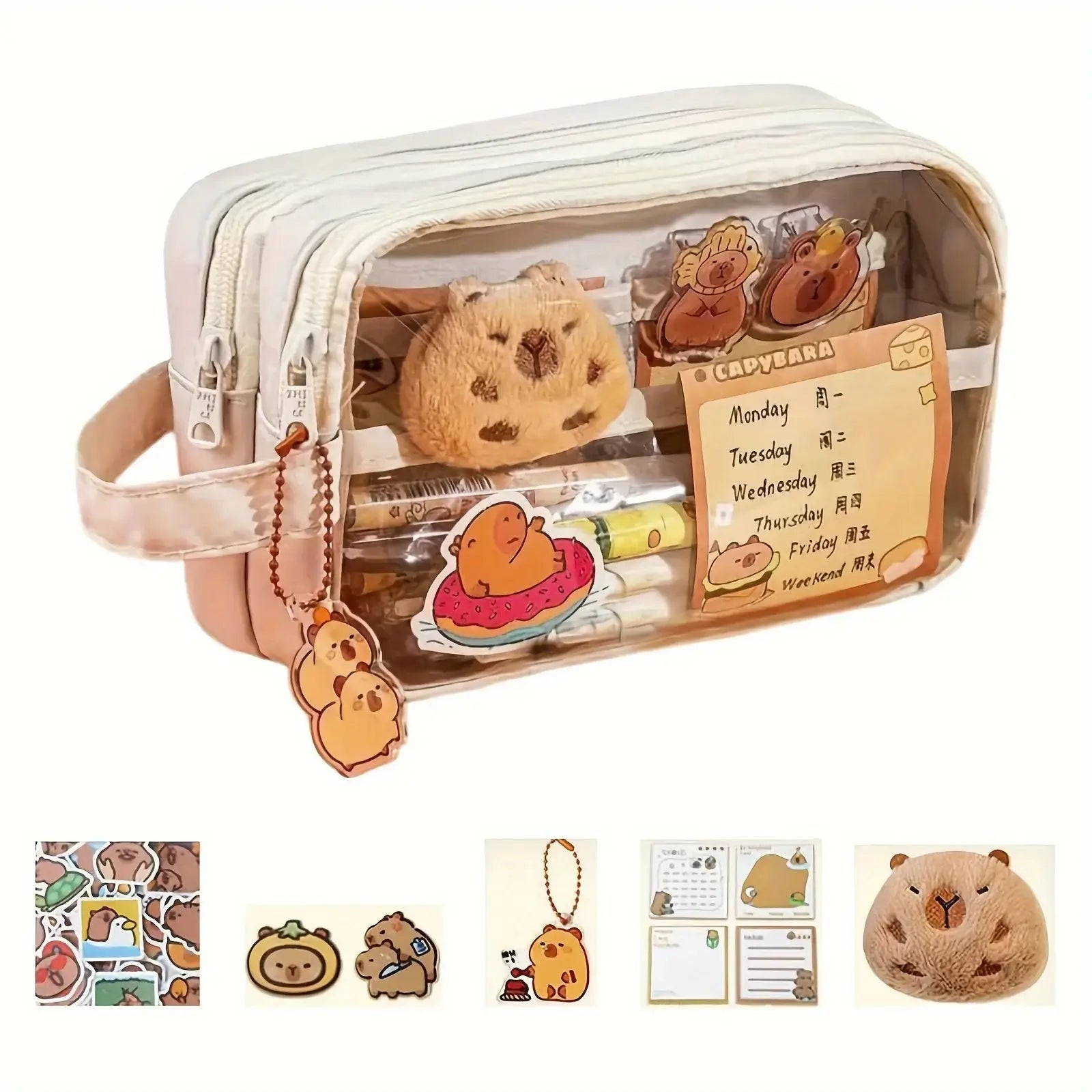 Petoria® Capybara Federmäppchen mit Fächern – Transparenter Organizer für Schule &amp; Büro