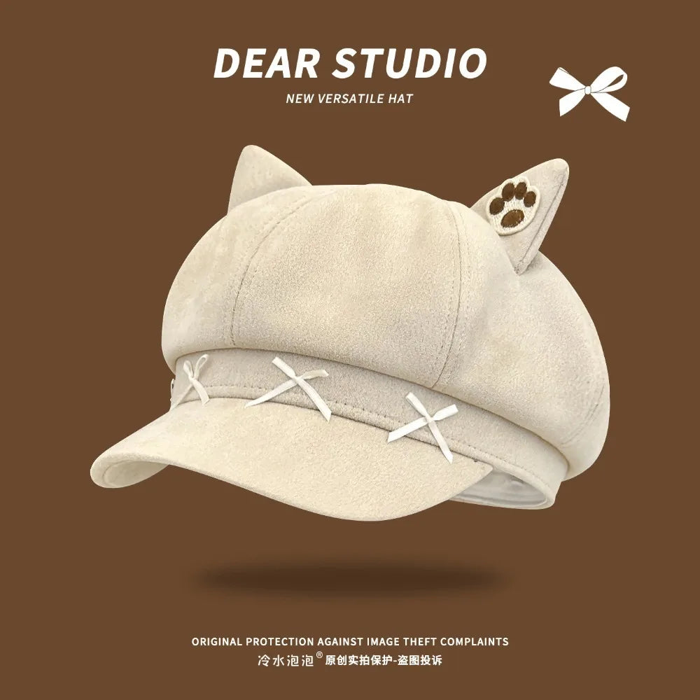 Cute Cat Ear Beret Cap Warm Bow Winter Hat Claw Pattern Painter Beret Hat Women Petoria Store