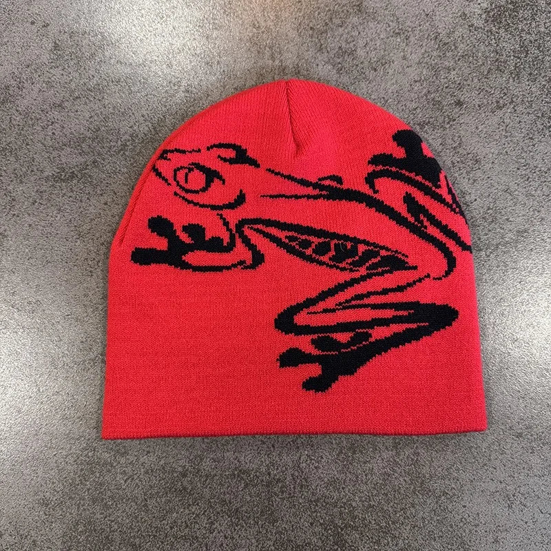 Beanie mit Baumfrosch-Aufdruck für Herren und Damen, dehnbare gestrickte Totenkopfmütze für Outdoor-Sportarten, lässige Streetwear, Unisex-Wintermütze mit Bündchen