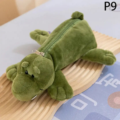 Green plush crocodile pencil case with soft fabric, zipper closure, cute animal design, suitable for school and travel, SKU: 14:173