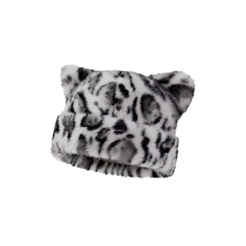 Plüsch-Teddybär-Mütze mit Leopardenmuster für Damen, süß und niedlich, dick und warm, retro und vielseitig, Kapuzenmütze.