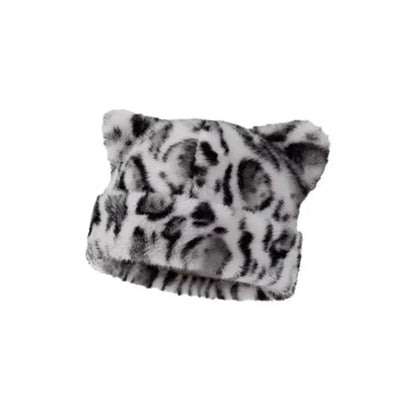 Leopard print teddy beanie with cat ears, plush material, stylish winter headwear for women, SKU: 14:200001438