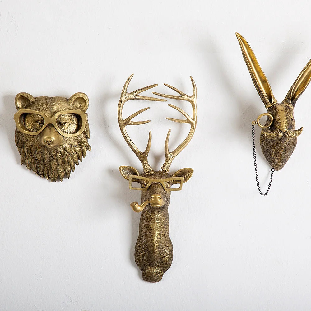 Antique Bronze Resin Animal Pendant Golden Deer Head Wall Storage Hook Up Background Wall Accessories Decorative Figurines Petoria Store