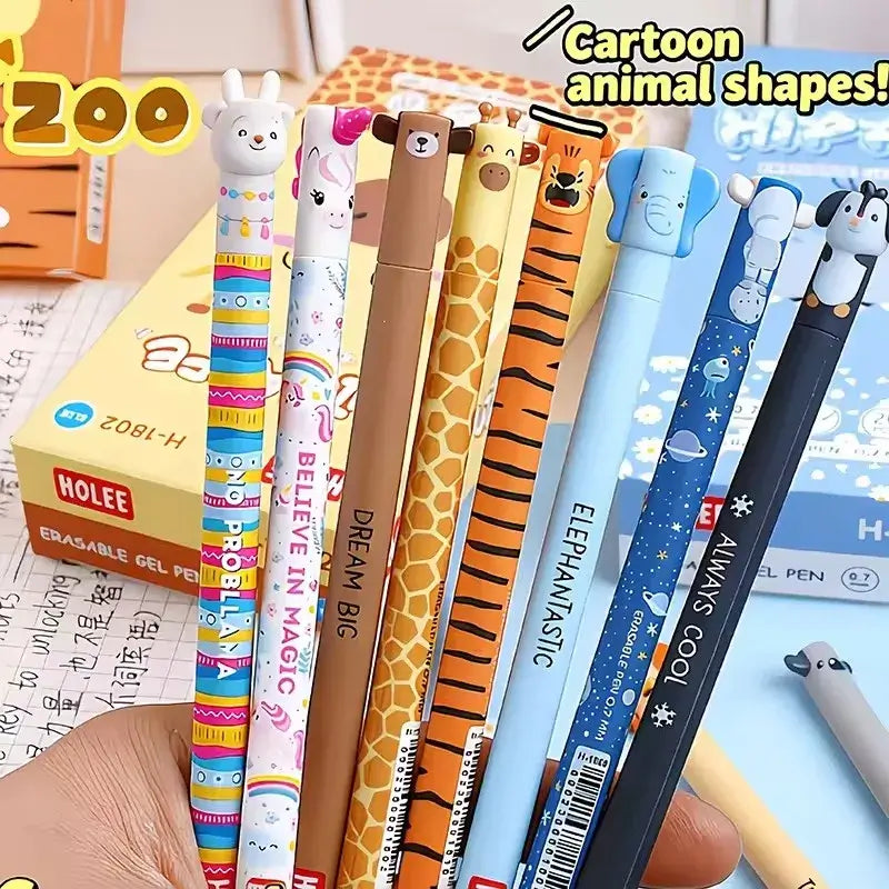 Collection of animal-shaped gel pens with cartoon animal designs, including bear, giraffe, tiger, and dog, perfect for creative writing and doodling.