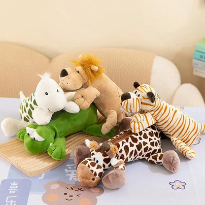 Group of plush animal pencil cases with zipper, including lion, zebra, giraffe, and crocodile, soft fabric, colorful designs for kids