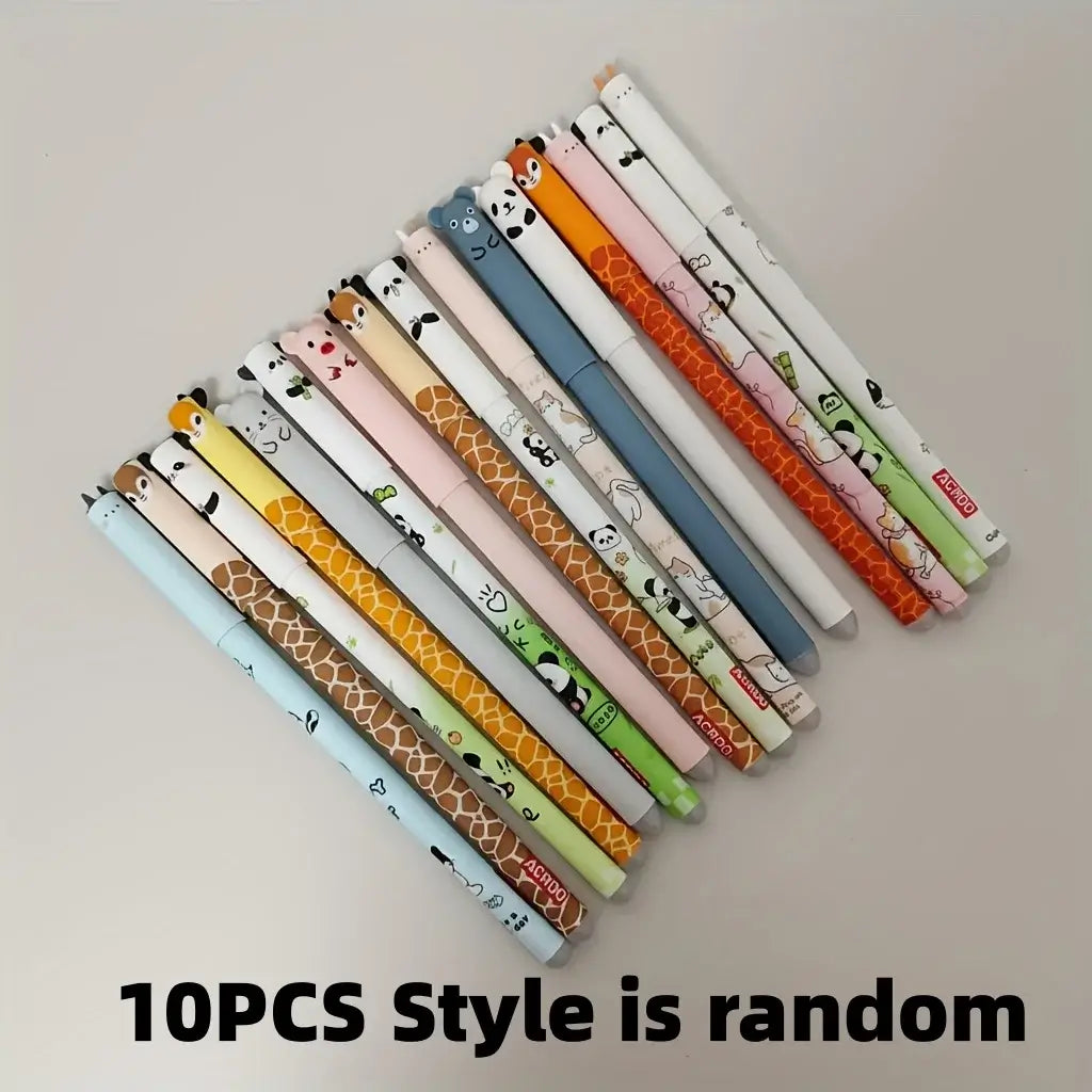 Collection of 10 gel pens with animal motifs, featuring playful caps with panda, bear, and giraffe designs, ideal for school and stationery lovers