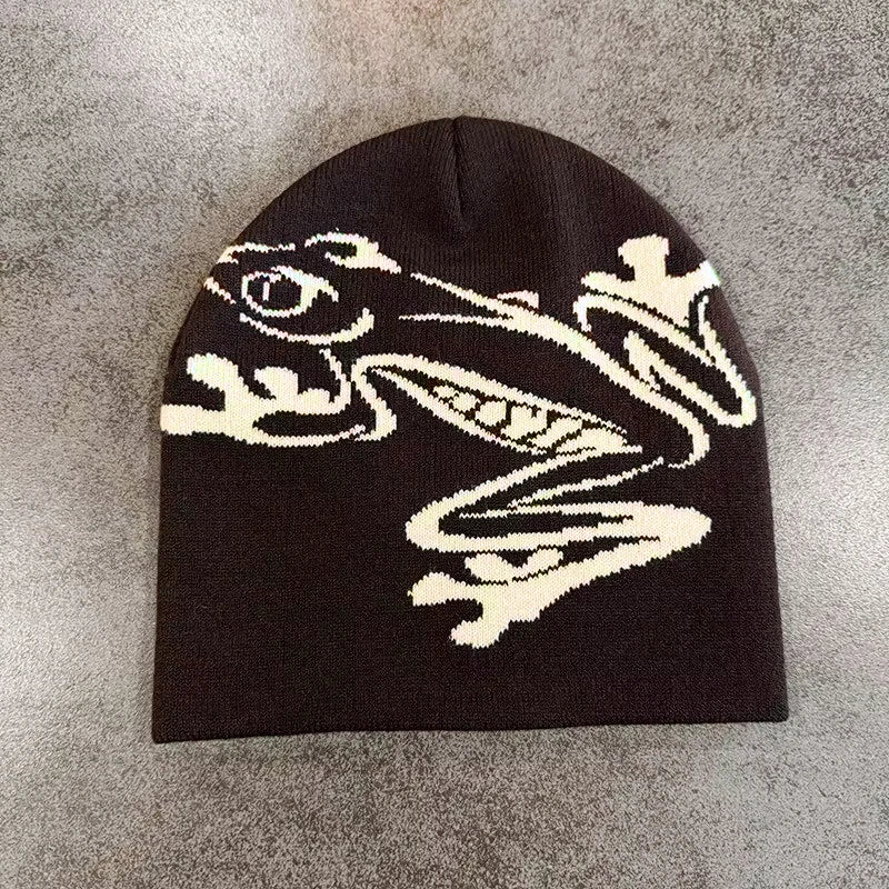 Beanie mit Baumfrosch-Aufdruck für Herren und Damen, dehnbare gestrickte Totenkopfmütze für Outdoor-Sportarten, lässige Streetwear, Unisex-Wintermütze mit Bündchen