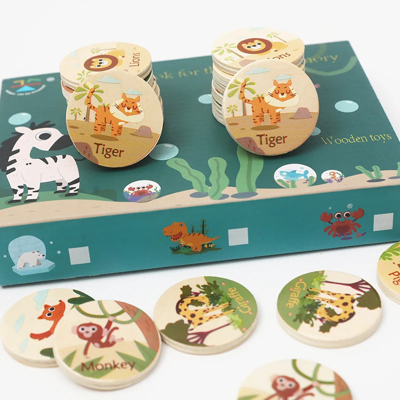 Hölzernes Gedächtnisspiel für Kinder mit Lehrreichen Dinosaurier-, Tier- und Ozean-Motiven zum Auffinden der Gleichen Paare