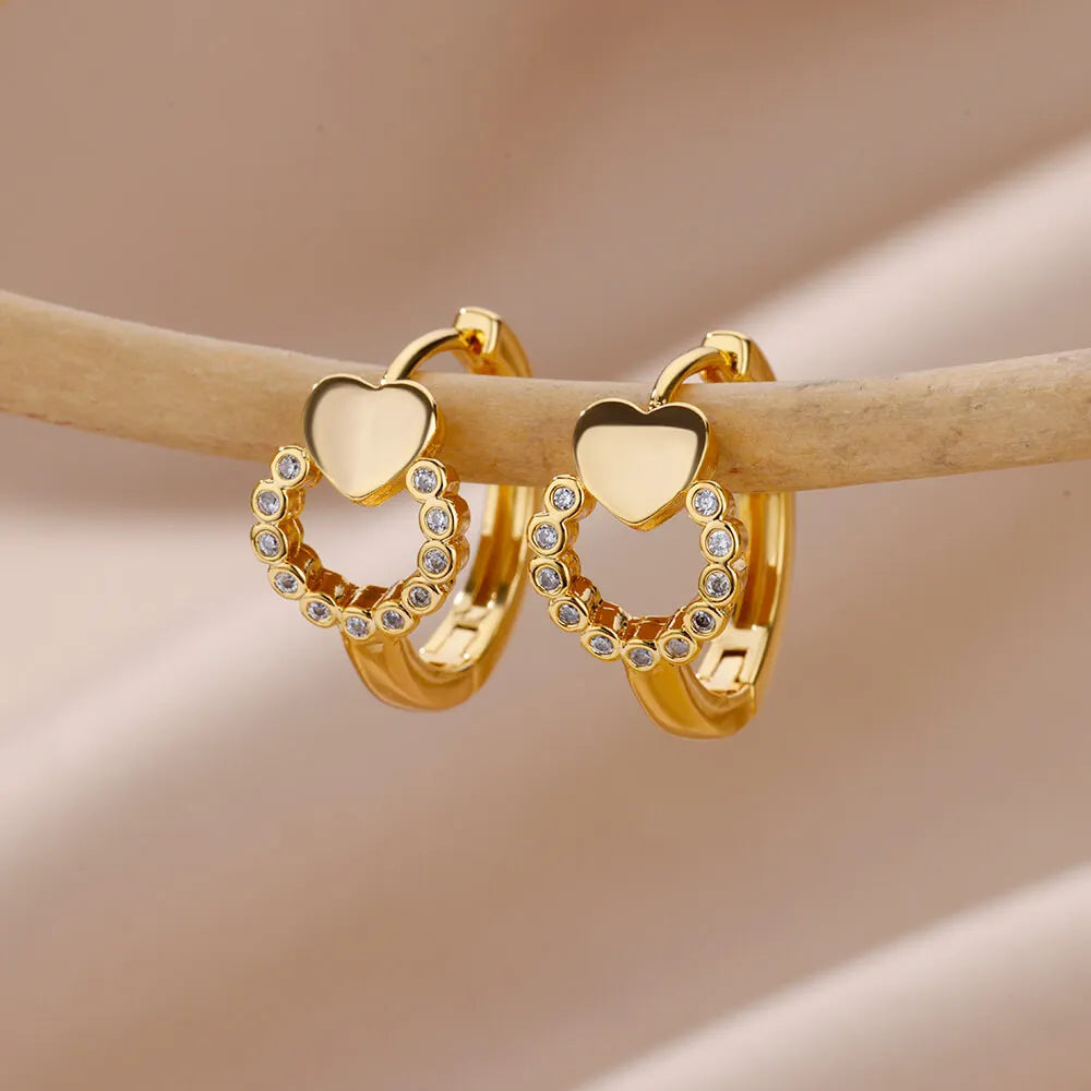 Herz Edelstahl Ohrringe für Frauen Zirkon Gold Farbe Creolen Ästhetische Wasserdichte Ohr Piercing Schmuck Zubehör