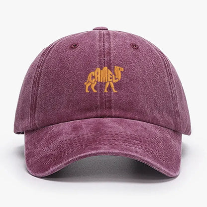Purple vintage cotton baseball cap with embroidered camel logo, adjustable unisex fit, perfect for casual sports and outdoor use