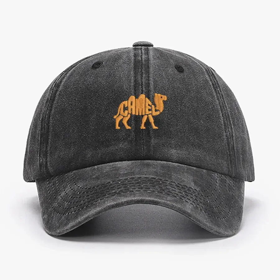 Dark gray cotton baseball cap with embroidered camel logo, curved brim, adjustable strap, suitable for casual outdoor wear