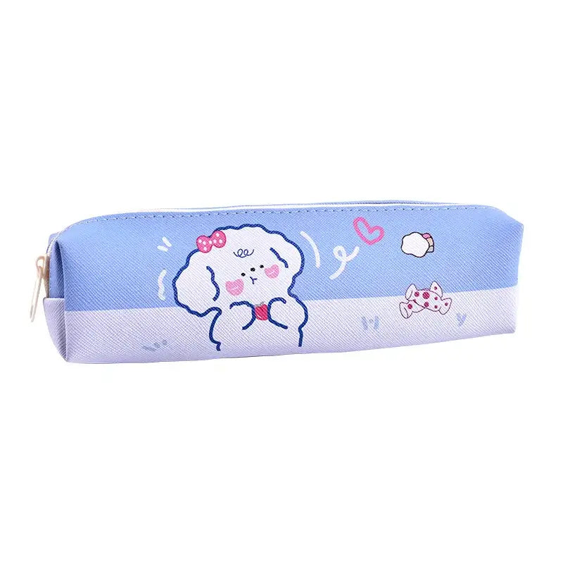 Blue checkered pencil case with cute white dog and bunny graphics, perfect for school use, compact size, colorful cartoon design.