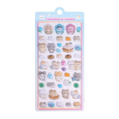 Colorful 3D Petoria Puffy animal stickers featuring cats, dogs, and food items in a variety of pastel shades, ideal for decorating notebooks.