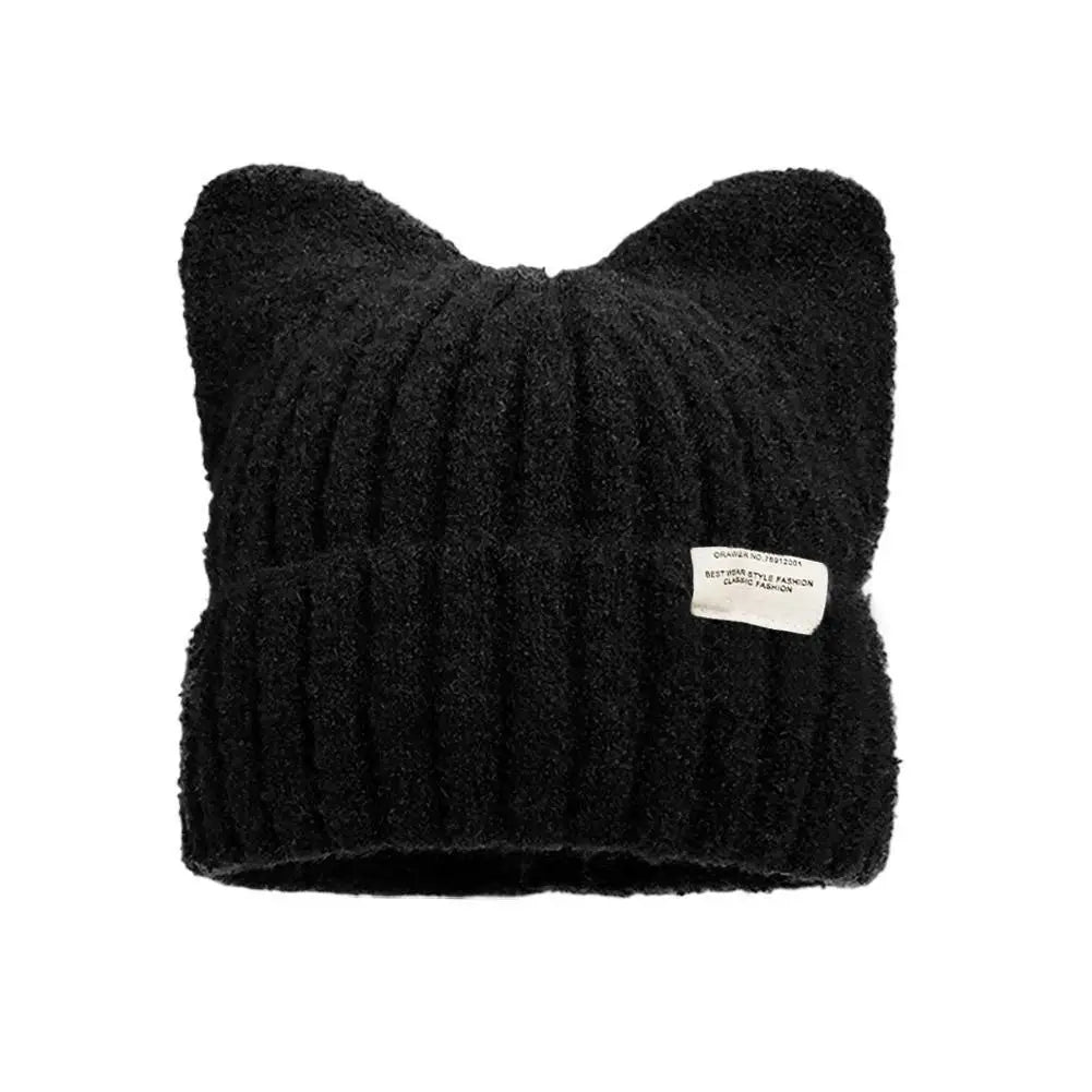Niedliche Katzenohren-Mützen für Damen, Herbst und Winter, warmer Gehörschutz, süße, vielseitige Pullover-Strickmützen