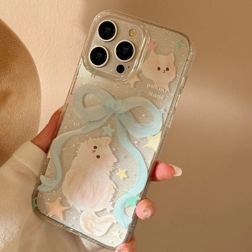 Cartoon-Katzenhülle für iPhone 11, 12, 13, 14 Plus, 15 Pro MAXS, Perlen-Handyhülle, glänzende Schleife, Lanyard, stoßfeste Stoßstangenabdeckung