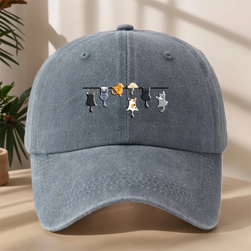 Baseballkappe mit Sieben Katzen-Cartoon-Aufdruck, hochwertige klassische gewaschene Retro-Entenschnabelmütze, Outdoor-Sport und Freizeit