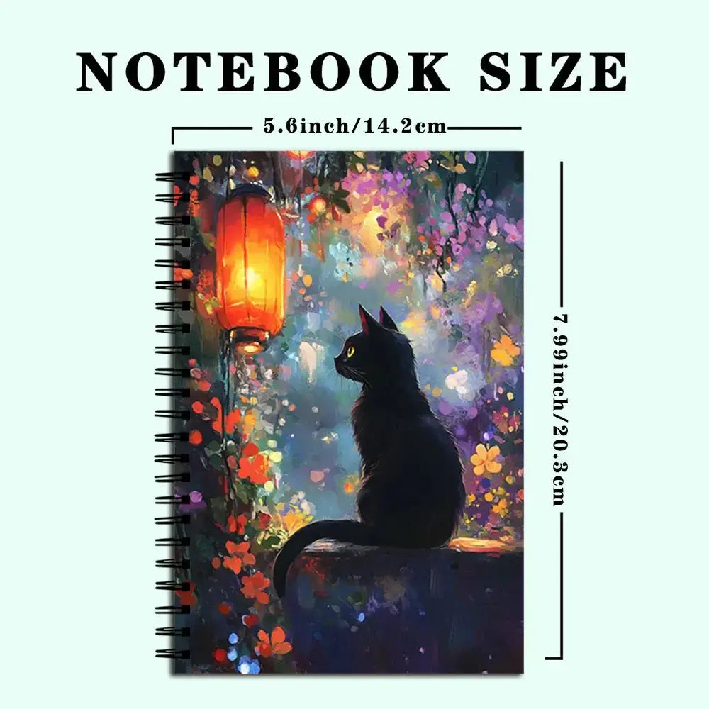 Magisches Katzen-Notizbuch mit einer geheimnisvollen Katze unter einer Laterne in leuchtenden Farben.