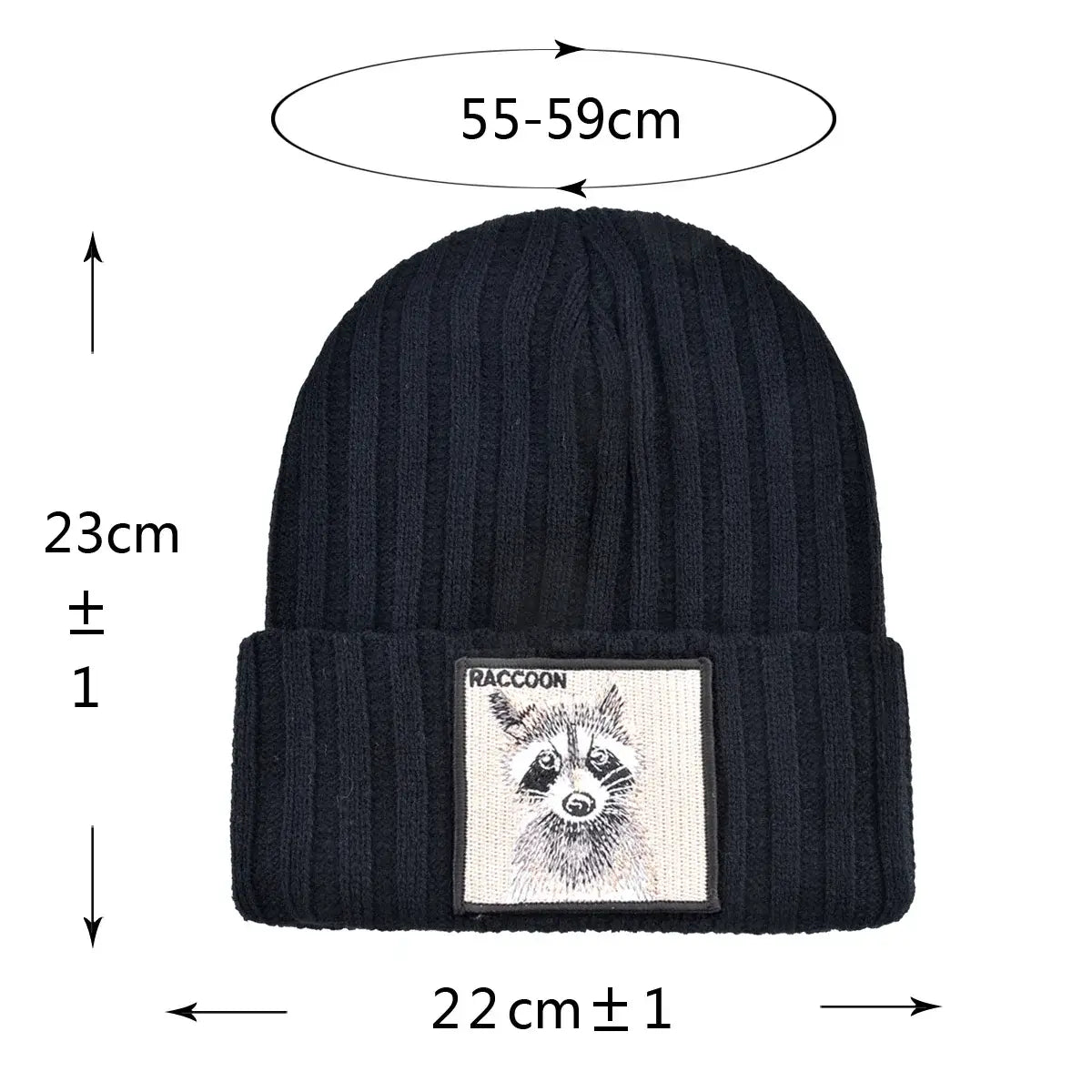 Black knitted beanie with raccoon patch, measuring 23cm height and 22cm width, featuring a patch with raccoon illustration, ideal for winter.