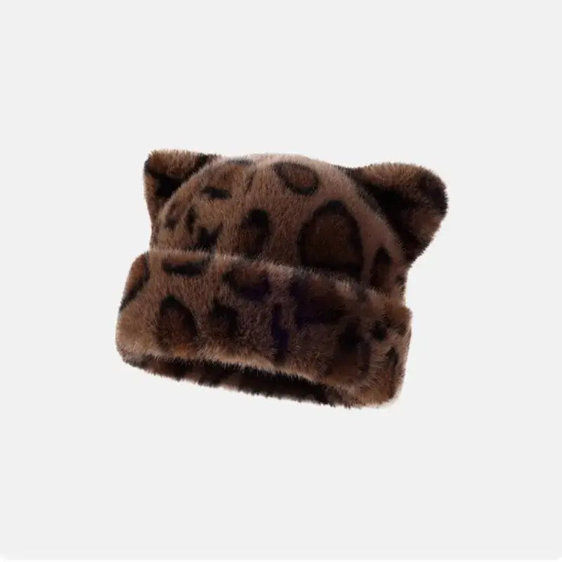 Leopard print plush teddy beanie with animal pattern, cozy winter hat for women, suitable for autumn and winter seasons