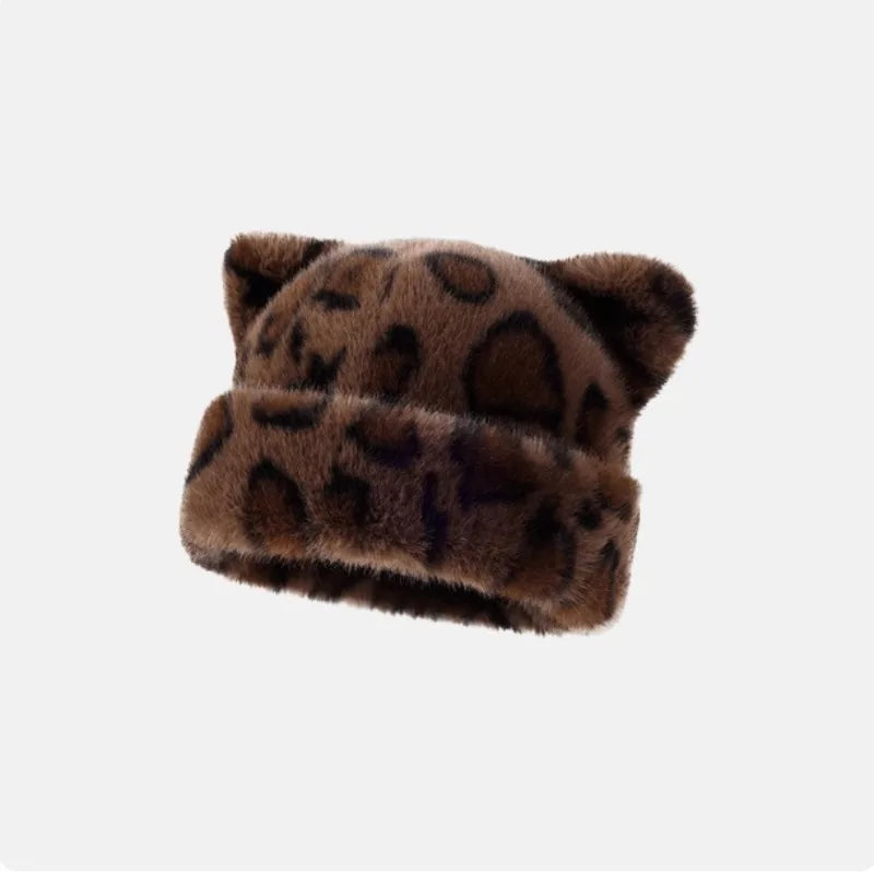 Plüsch-Teddybär-Mütze mit Leopardenmuster für Damen, süß und niedlich, dick und warm, retro und vielseitig, Kapuzenmütze.