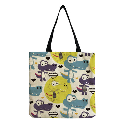 Cartoon Cute Dinosaur Printed Tote Linen Personality Girl Shoulder Bag Large Capacity Travel Storage Packs Women Shopping Bag Petoria Store