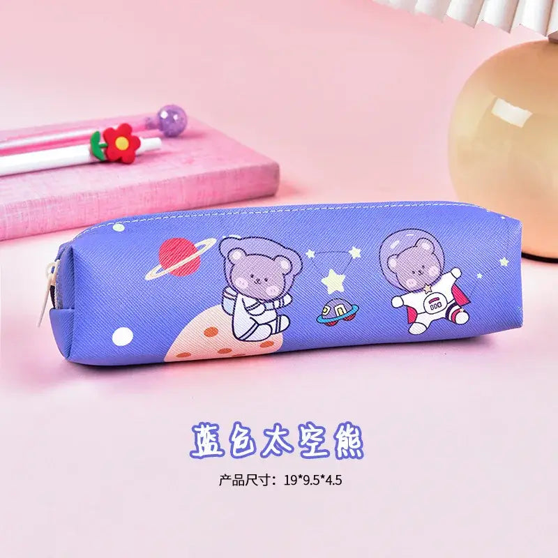 Kawaii space-themed pencil case with adorable bear illustrations, planets, and stars on purple fabric, ideal for school supplies.