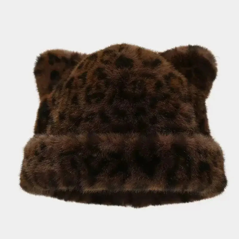 Brown leopard pattern teddy beanie with plush faux fur, cozy winter hat for women, ideal for cold weather and casual wear