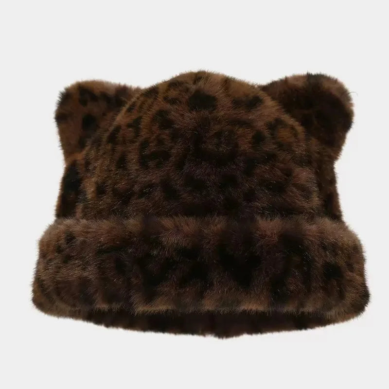 Plüsch-Teddybär-Mütze mit Leopardenmuster für Damen, süß und niedlich, dick und warm, retro und vielseitig, Kapuzenmütze.