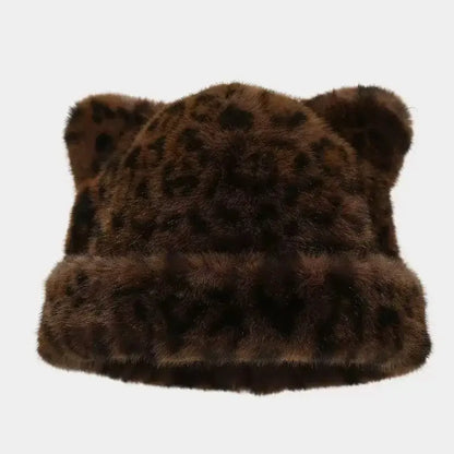 Brown leopard pattern teddy beanie with plush faux fur, cozy winter hat for women, ideal for cold weather and casual wear