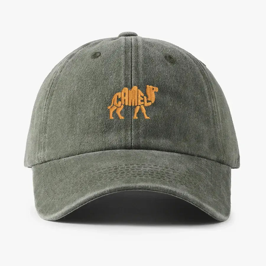 Gray vintage cotton baseball cap with embroidered camel logo, adjustable unisex design, ideal for outdoor leisure and sports