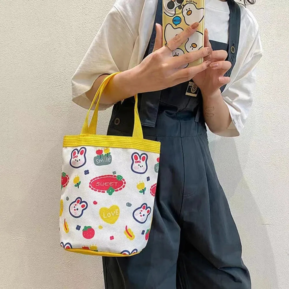 Bucket Bag Portable Cute Animal Pattern Graffiti Handbag Cartoon Print Cylindrical Bag Canvas Bento Bag Handheld Lunch Box Bag Petoria Store