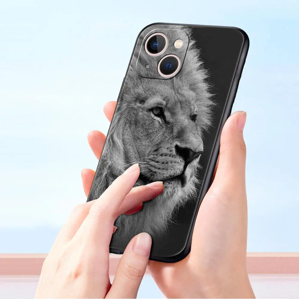 Löwe Wilde Tiere Luxus Handyhülle für iPhone 13 15 14 12 Mini 11 Pro MAX XR X SE XS 7 8 Plus Silikon Schwarz Schutzhülle