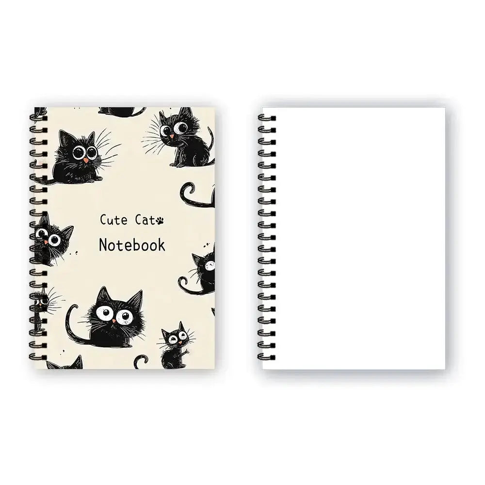 Schwarze Katze Notizbuch mit Spiralbindung und niedlichem Katzenmotiv auf dem Cover.