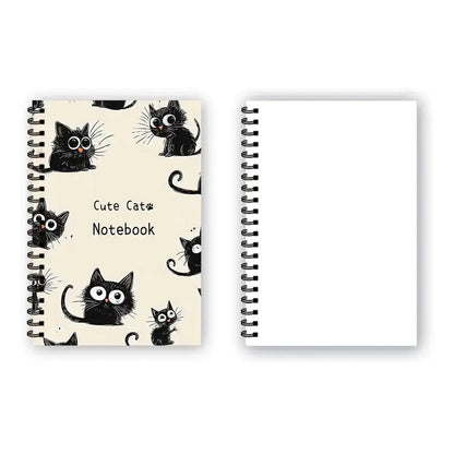 Schwarze Katze Notizbuch mit Spiralbindung und niedlichem Katzenmotiv auf dem Cover.