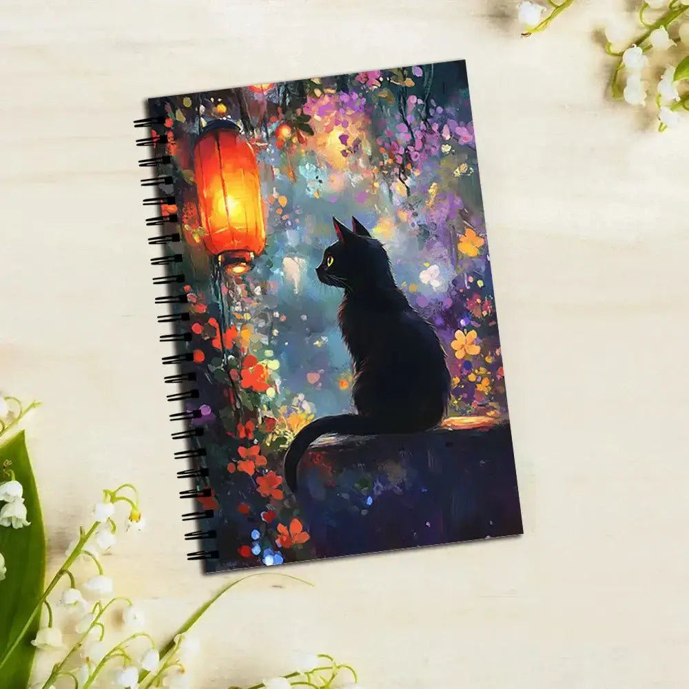 Magisches Katzen-Notizbuch mit leuchtenden Farben und einer Katze unter einer Laterne von Petoria