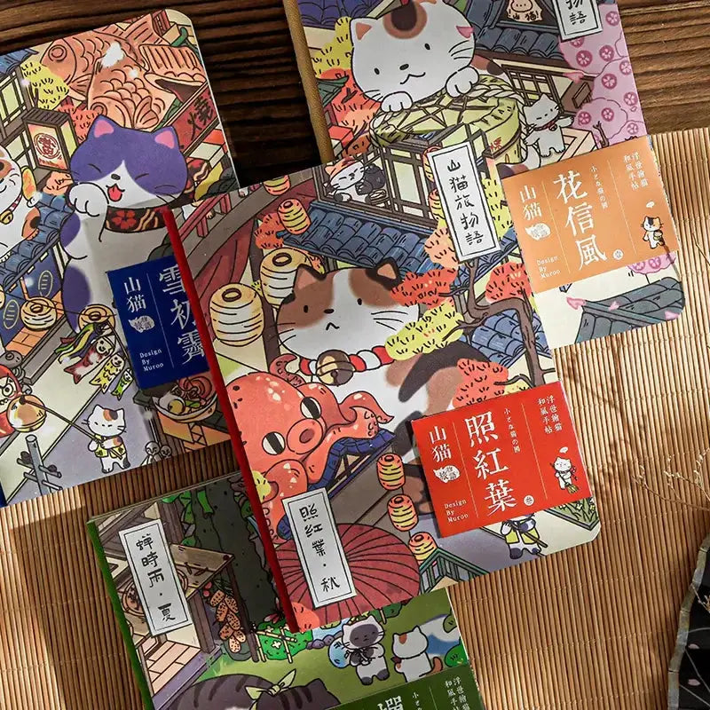 Katzenmotiv Reise-Notizbuch mit bunten Illustrationen und charmanten Katzenmotiven auf Cover gestaltet.
