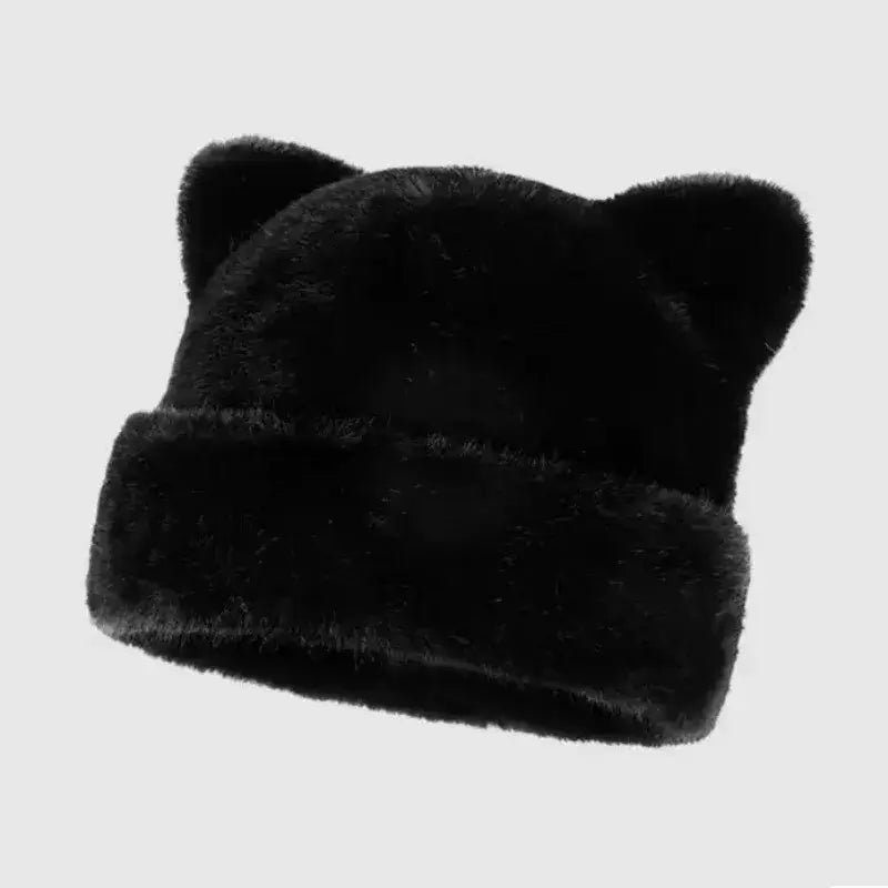 Black faux fur teddy beanie with bear ears, stylish warm winter hat for women, perfect for cold days and winter fashion
