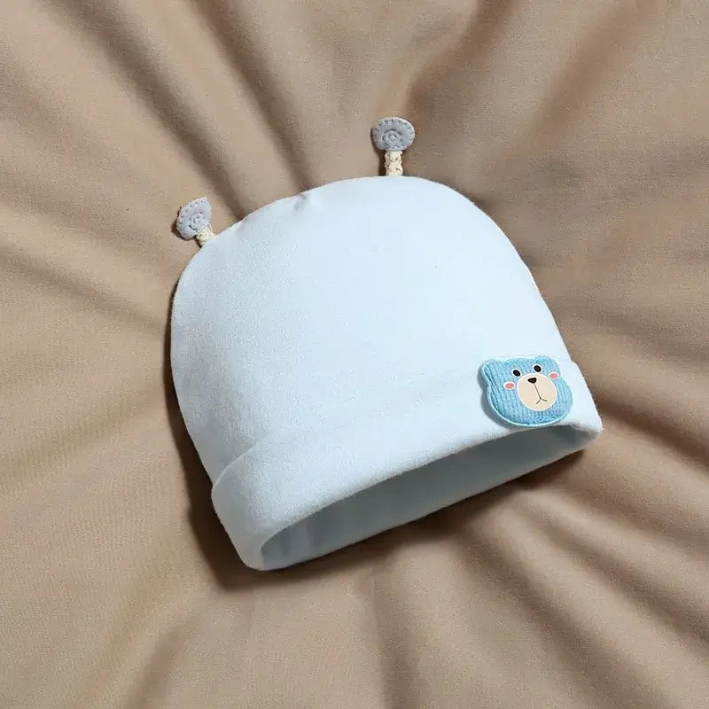 Light blue baby beanie with bear face, soft fleece, with bear ears, adorable newborn accessory, SKU: 14:29
