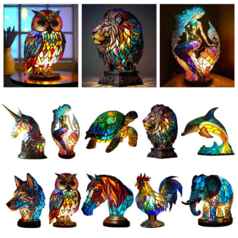 Animal Series Desk Lamp LED Decorative Night Stand Light Lamp Colorful Vintage Stained Resin Table Lamp Home Accessories Petoria Store