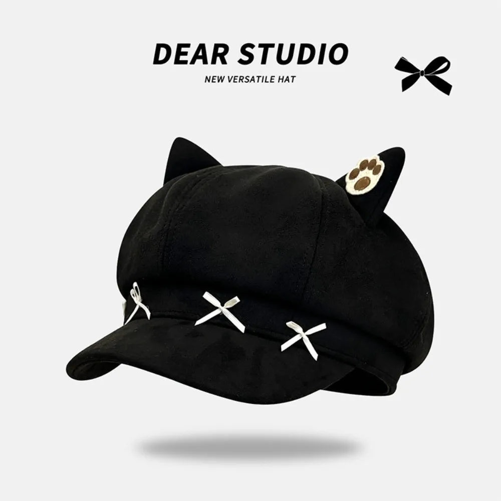 Cute Cat Ear Beret Cap Warm Bow Winter Hat Claw Pattern Painter Beret Hat Women Petoria Store