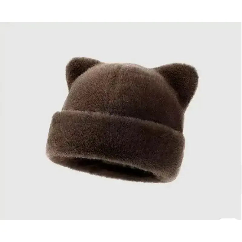Brown teddy beanie with cat ears, soft plush fabric, fashionable winter hat for women, SKU: 14:200001438