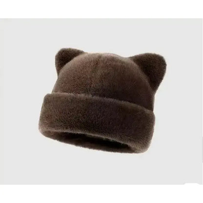 Brown teddy beanie with cat ears, soft plush fabric, fashionable winter hat for women, SKU: 14:200001438