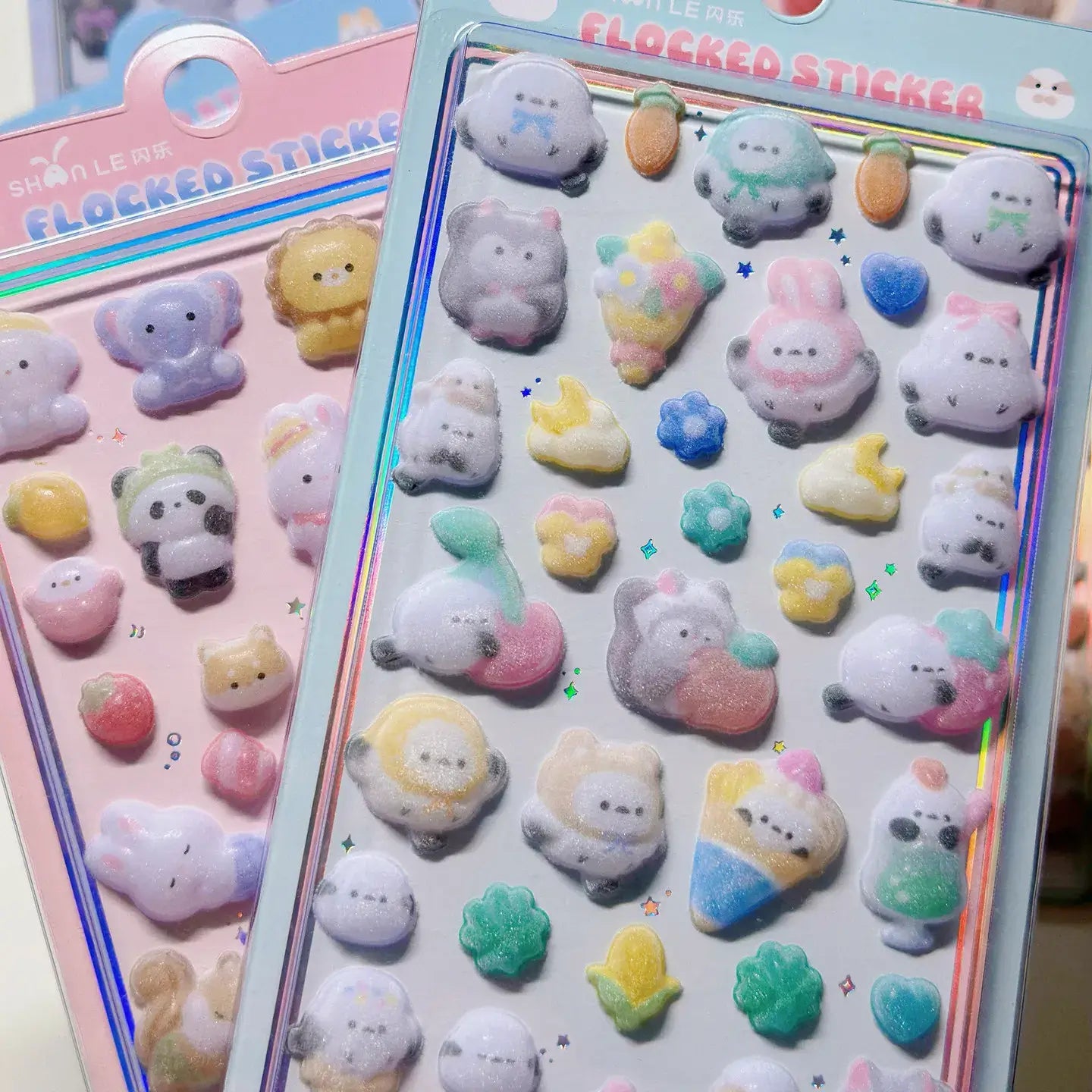 Colorful 3D Petoria Puffy Animal Stickers featuring cute bear, bunny, and animal shapes with glitter accents on transparent backing.