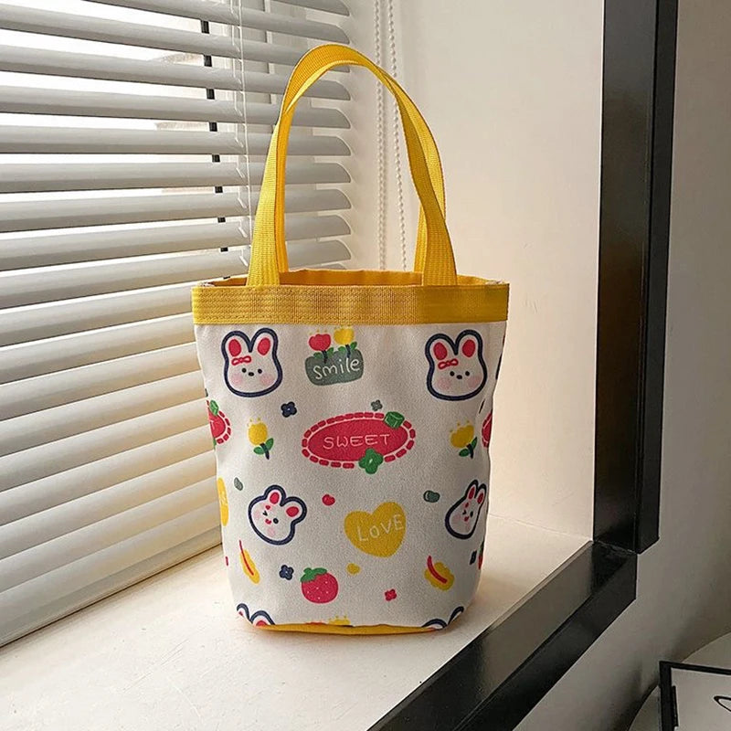 Bucket Bag Portable Cute Animal Pattern Graffiti Handbag Cartoon Print Cylindrical Bag Canvas Bento Bag Handheld Lunch Box Bag Petoria Store