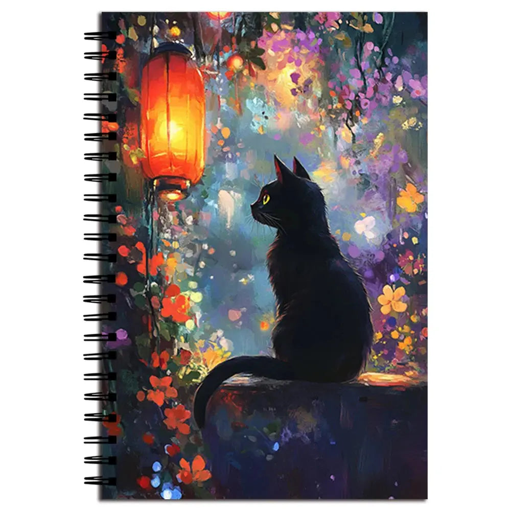 Magisches Katzen-Notizbuch mit traumhaftem Design und einer geheimnisvollen Katze unter einer Laterne.